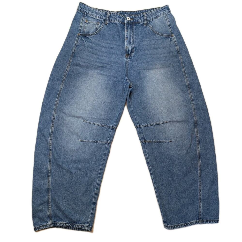 Barrel Leg Cropped Jeans Women Size 12 High Rise Curved Leg Trend Denim